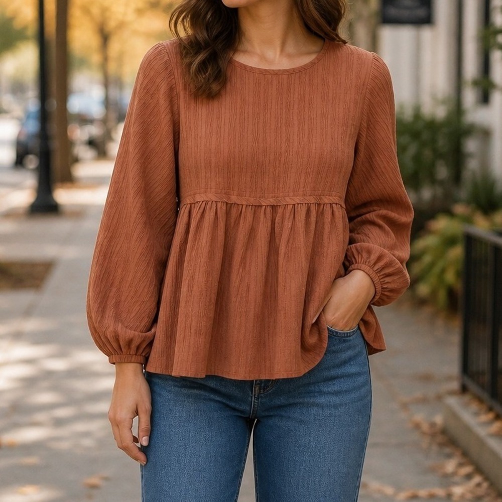 Melloday Babydoll Blouse Women Small Rust Textured Balloon Sleeve Boho Flowy